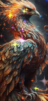 This stunning live phone wallpaper features a beautifully detailed painting of a bird bursting with flames from its majestic wings