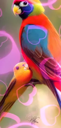 This colorful live wallpaper features a couple of vibrant birds perched on a tree branch