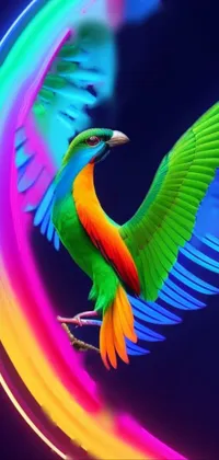 This phone live wallpaper features a colorful bird perched on a tree branch, set against a black background