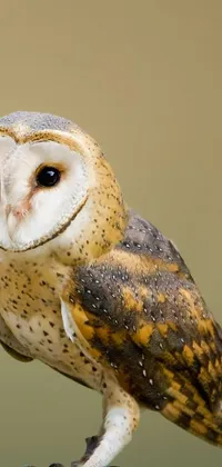 This mesmerizing live wallpaper showcases a barn owl resting on a wooden tree stump