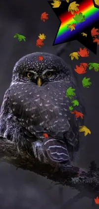 This phone live wallpaper depicts a stunning image of an owl perched on a tree branch in a forest setting