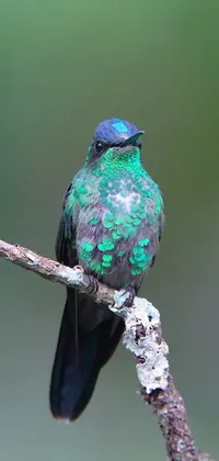 This stunning phone live wallpaper features a delightful bird perched on a tree branch against a backdrop of mesmerizing emerald mist colors