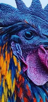 This phone live wallpaper showcases a colorful rooster head with brilliant shades of blue and orange