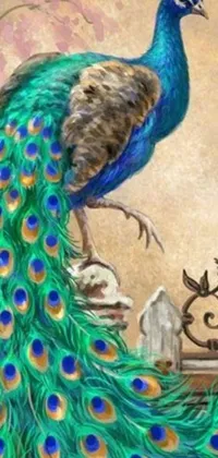 This phone live wallpaper features a beautiful painting of a peacock sitting atop a table