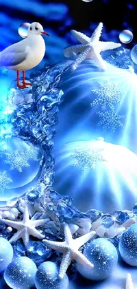 This phone live wallpaper depicts a seagull resting on a blue Christmas ornament, surrounded by underwater crystals, pearls, and seashells