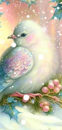 This holiday themed live wallpaper showcases a beautiful white bird sitting on a tree branch