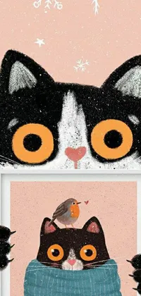 This phone wallpaper showcases a charming black and white cat holding a picture of a bird in an illustrated storybook style