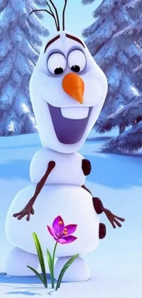 This live phone wallpaper by Pixar depicts a charming cartoon character standing in snow, holding a colorful flower