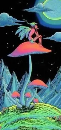 Looking for a lively and colorful live wallpaper for your phone? This psychedelic creation depicts a whimsical scene of fairies with delicate wings frolicking around a majestic mushroom