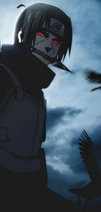A captivating live wallpaper for phones featuring a mysterious male figure with glowing red eyes and an evil grin, positioned in front of a large bird
