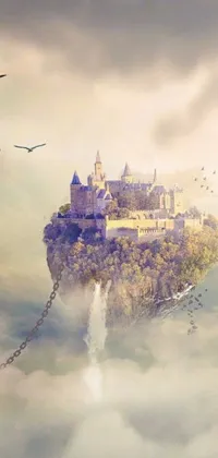 This live wallpaper showcases a stunning castle floating in the clouds and surrounded by birds