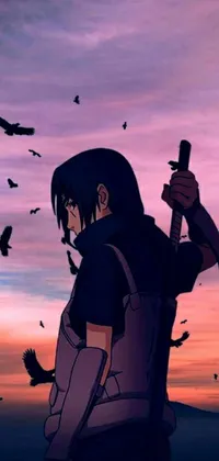 This live wallpaper features an anime character with long black hair holding a knife in front of a flock of flying birds against a beautiful sunset