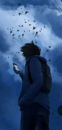 This live phone wallpaper depicts an eyeless character standing beneath cloudy skies, gazing intently at their phone