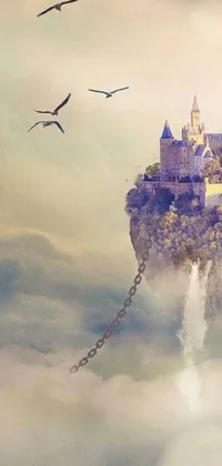 Transform your phone screen into a breathtaking fantasy world with this live wallpaper featuring a castle on a cliff enveloped by seagulls