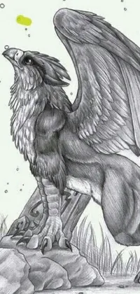 This phone live wallpaper is a breathtaking black and white drawing of a wolf with wings, designed in a furry art style