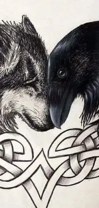 This phone live wallpaper showcases an amazing black and white drawing of a wolf and a raven, framed by gothic art and Celtic patterns