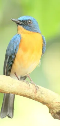 This live wallpaper features a small blue and orange bird perched on an intricately detailed branch and throne