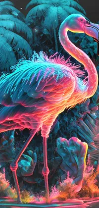 This phone live wallpaper depicts a flamingo standing before a group of palm trees in a dark neon-colored rainforest