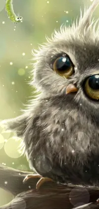 This phone live wallpaper is a delightful 240p depiction of a cute and fluffy round-eyed owl perched on top of a realistic tree branch, complete with textured bark and small leaves