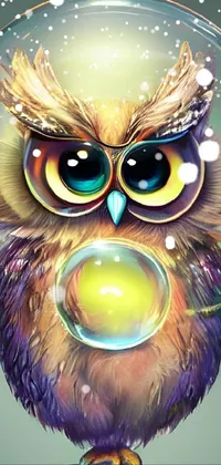This phone live wallpaper showcases a stunning vector art of an owl in a bubble