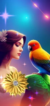 This stunning live wallpaper features a beautiful woman standing with a bird on her shoulder, surrounded by tropical birds in a fantasy-inspired setting
