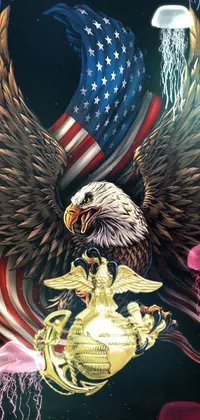 This stunning live wallpaper depicts a bald eagle perched on an American flag, embodying symbols of strength, freedom, and pride