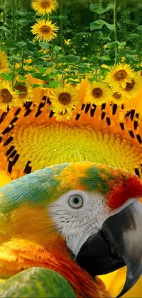This stunning live wallpaper features a gorgeous parrot posed in front of a brilliant sunflower
