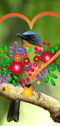 This is a beautiful phone live wallpaper of a small bird perched on a tree branch with a heart made out of flowers in blue and orange colors