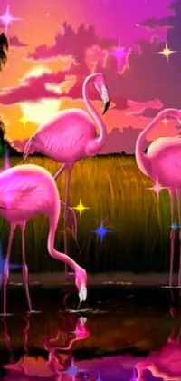 Enhance the appearance of your phone with this animated live wallpaper featuring a group of pink flamingos standing next to a peaceful body of water