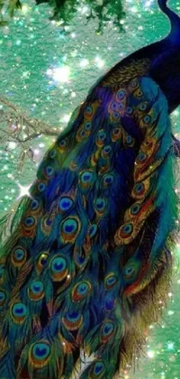 This vibrant live wallpaper features a digital art peacock perched atop a tree branch surrounded by a psychedelic and sparkly environment