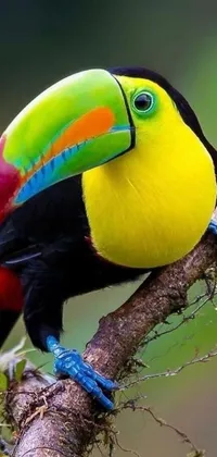 This lively phone live wallpaper features a colorful bird on a green tree branch inspired by Colombian jungles and tropical rainforests