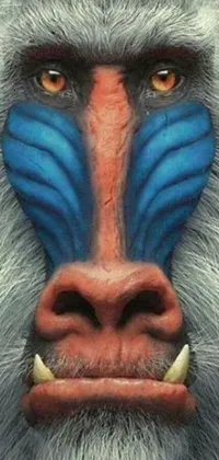 This phone live wallpaper features a close-up of a mandrier's face, rendered in high-definition detail in a blue color scheme