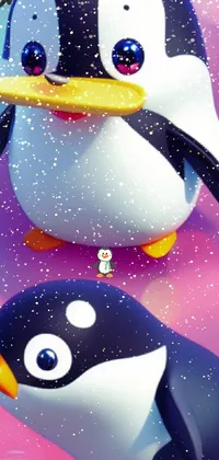 This <a href="/">animated phone wallpaper</a> features two penguins standing next to each other and dancing on a pole in 3D