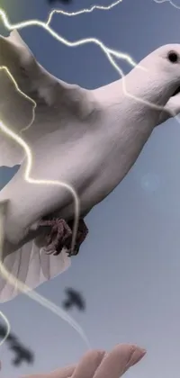 This mobile wallpaper depicts a white bird flying in a blue sky with lightning in the backdrop