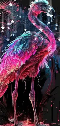 This phone live wallpaper features a vibrant flamingo in front of a palm tree