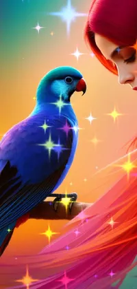 This stunning live wallpaper features an exquisite digital painting of a red-haired woman with a charming blue bird perched on her arm