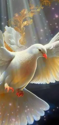 This phone live wallpaper depicts a stunning white dove in flight with its wings spread wide
