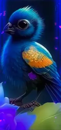 This phone live wallpaper showcases a blue bird resting on a purple flower amid a dreamy airbrushed background with vivid orange and blue hues