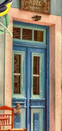 This mobile live wallpaper is an entrancing painting of a cute bird perched over a blue door at a vintage coffee shop in a charming Greek village