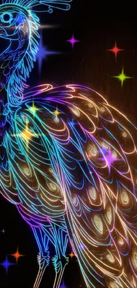This live wallpaper features a stunning digital artwork of a peacock rendered in neon colors against a black background