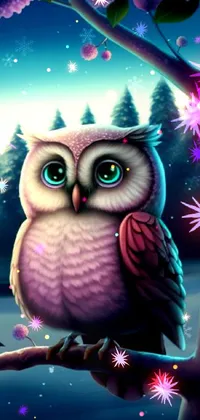 This breathtaking phone live wallpaper features a stunningly lifelike 3D rendering of an owl perched atop a tree branch