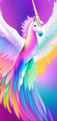 This phone live wallpaper offers an enchanting image of a colorful unicorn flying in the sky, reminiscent of Lisa Frank's art