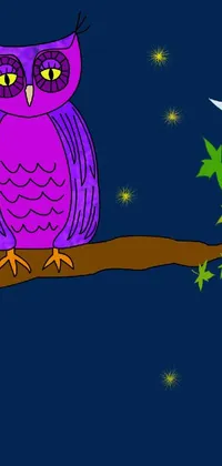 This stunning phone live wallpaper features a vibrant purple owl perched on a tree branch against a night sky