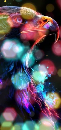 This phone live wallpaper showcases a bird of prey on a black background with a red blue purple black fade