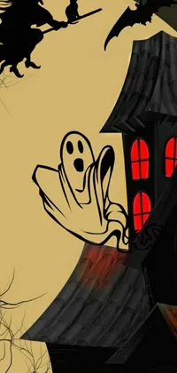 This animated phone wallpaper by Pál Balkay features a spooky cartoon ghost flying over a haunted house against the backdrop of a full moon