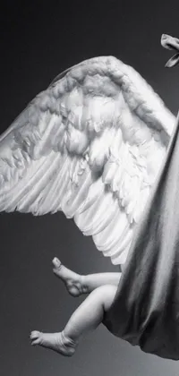 If you're looking for a phone live wallpaper with a touch of elegance and grace, check out this black and white hyper-realistic photo of an angel statue featuring swan wings and a draped cloth