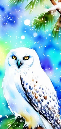 This stunning live wallpaper features a graceful white owl perched on a tree branch