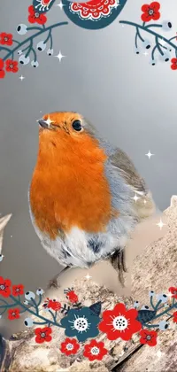 This phone live wallpaper depicts a small bird sitting on top of a piece of wood in a snowy forest on a serene waterside with low angle photography