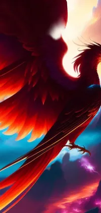 This phone wallpaper depicts a stunningly detailed red phoenix bird in flight, set against a Barlowe 8K-resolution background