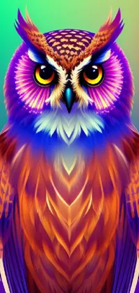 This phone live wallpaper showcases a vibrant, colorful owl on a tree branch